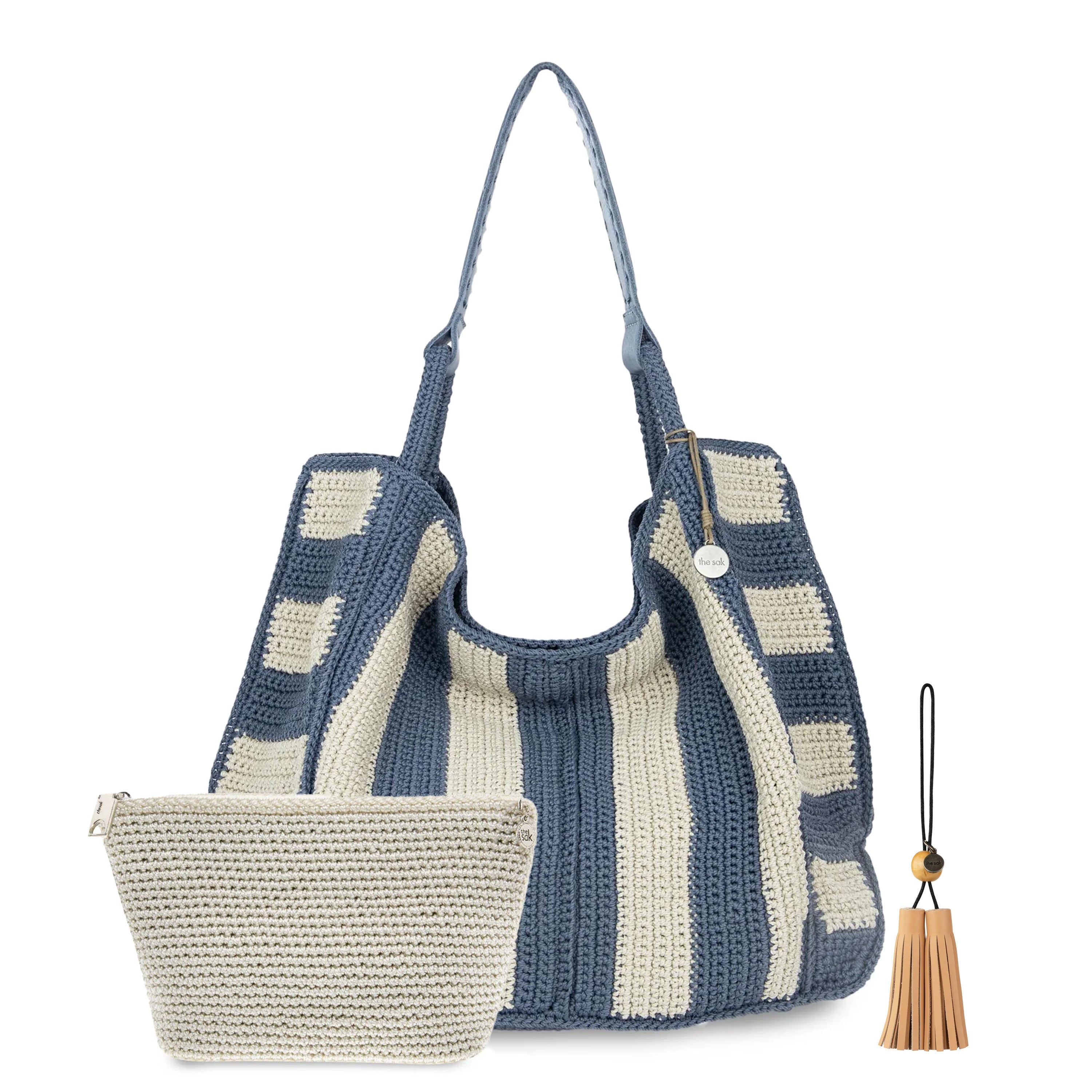 Los Feliz Large Tote Pouch 3 Piece Set - Hand Crochet - Maritime Stripe