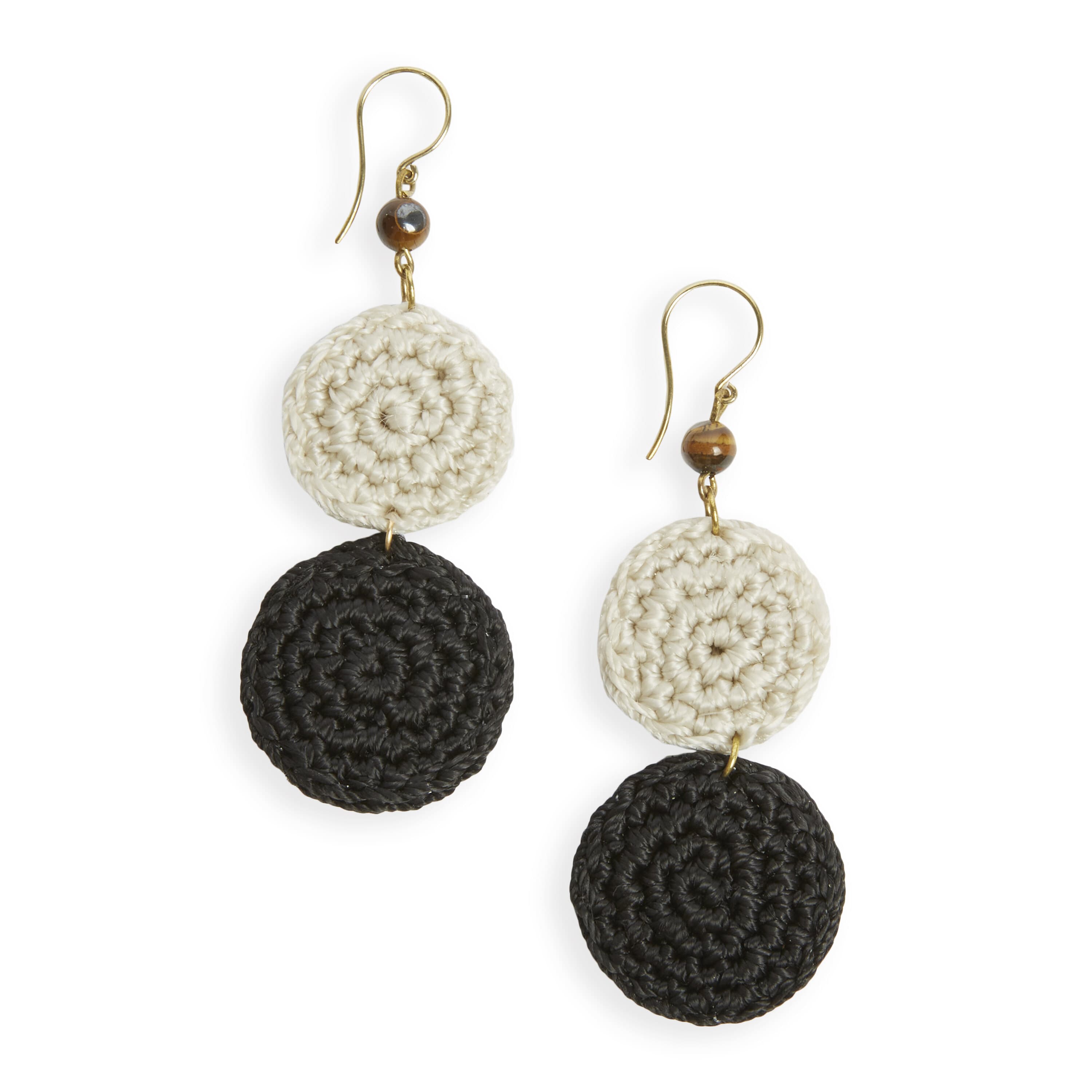 Jasper Double Disc Earrings - Hand Crochet - Black and Natural